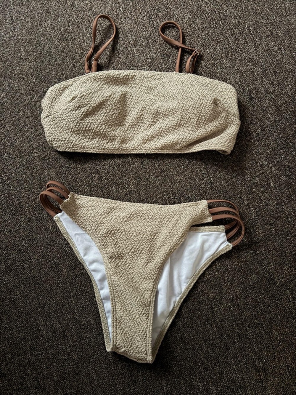 Textured Beige Bandeau Bikini Set with Brown Straps